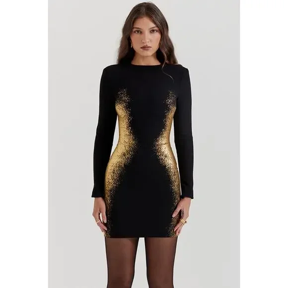 slim fit dress slacks One Shoulder Gold foil Cutout Maxi Dress – IULOVER main image 1